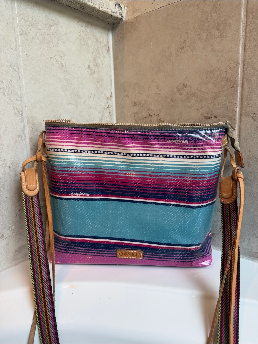 Consuela Teal, Pink & Magenta Striped Crossbody Bag